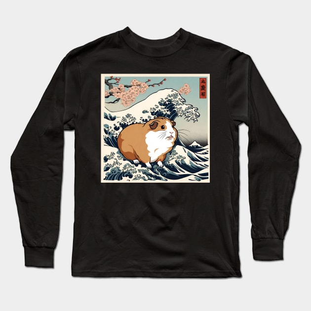 Vintage Funny Guinea Pig Adorable Guinea Pig Mom in the Great Wave Long Sleeve T-Shirt by DaysuCollege